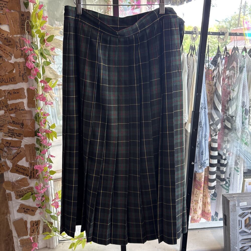 Vintage 1980s Lloyd New York Pleated Tartan Plaid Maxi Skirt Size 14